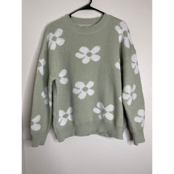 SHIEN Sweaters - Shein Curve 1XL Sage Green Daisy Flower Sweater Cottage core Cozy Floral Knit